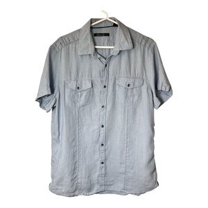 Kenneth Cole Men's Light Blue Short Sleeve Button Down Linen Shirt Size Large